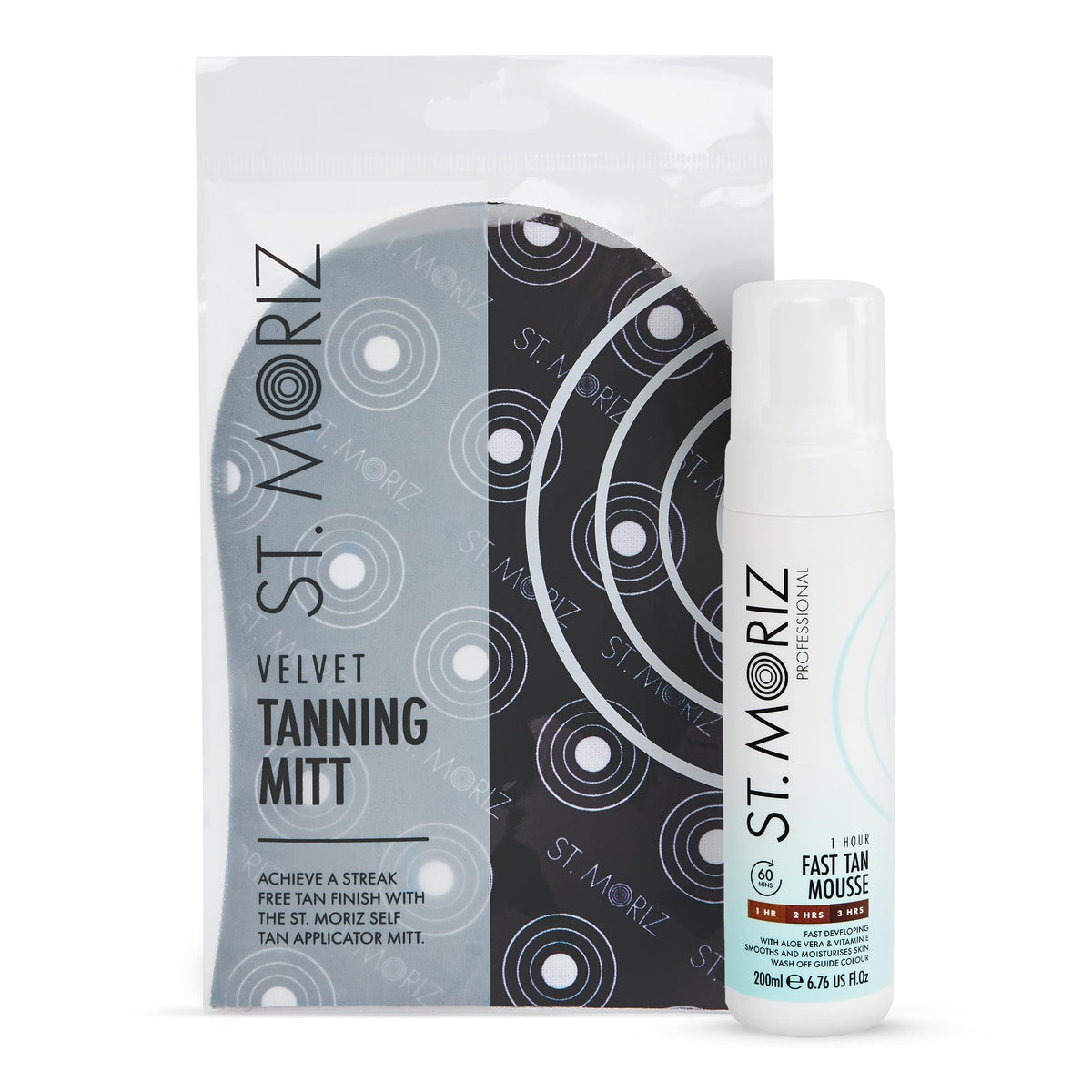 St. Moriz front packaging showing 200ml bottle and mitt for quick application