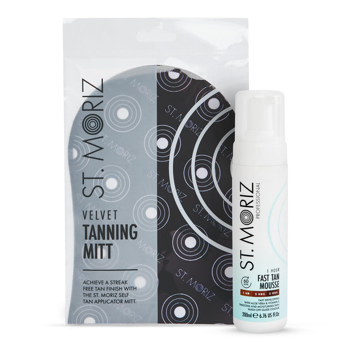 St. Moriz front packaging showing 200ml bottle and mitt for quick application