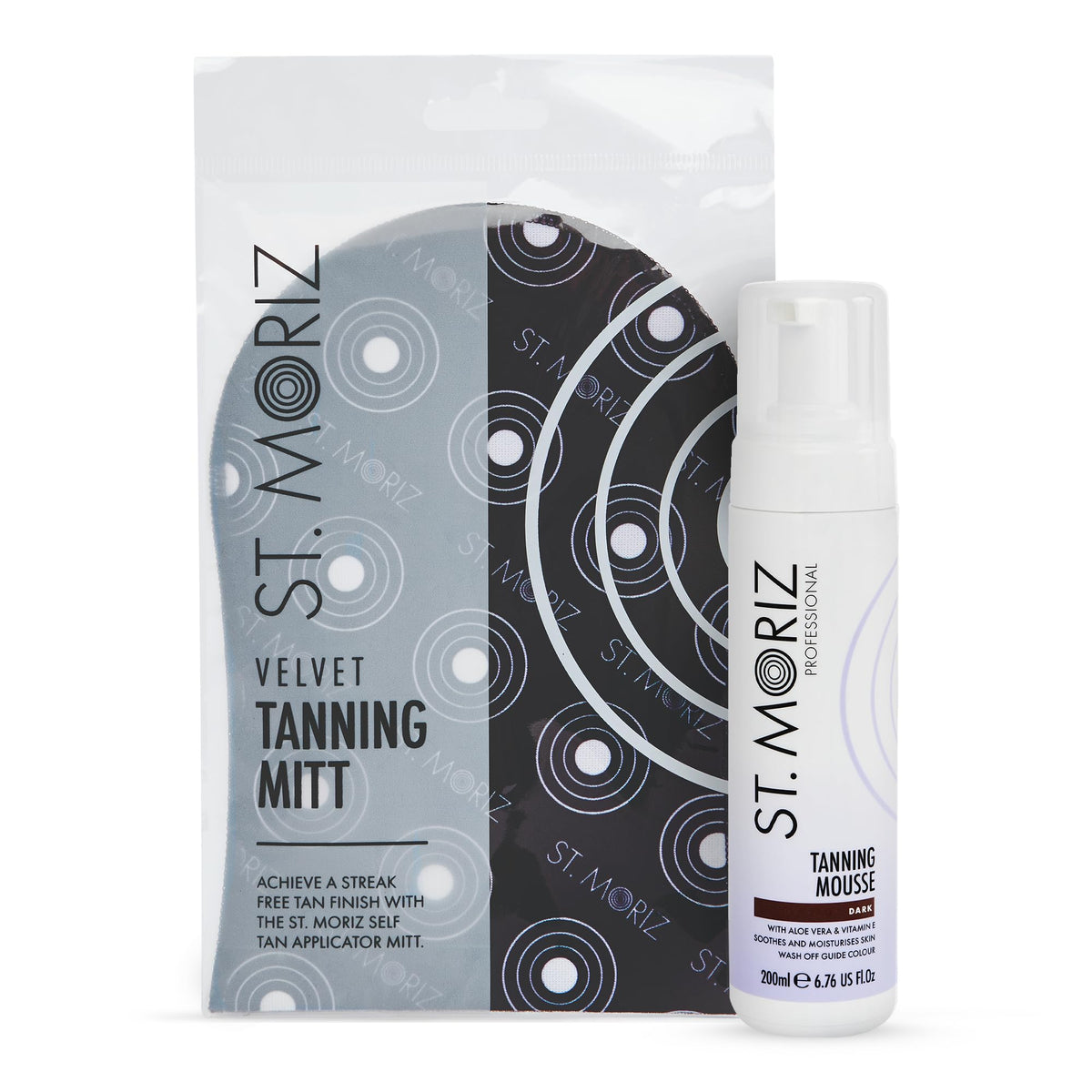 st. moriz front packaging showing mousse and mitt for easy application benefit