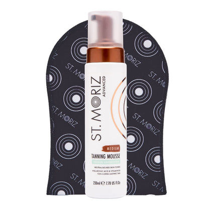 St. Moriz mousse front packaging showing product and mitt benefit