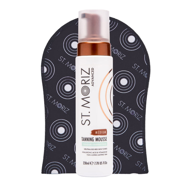 St. Moriz mousse front packaging showing product and mitt benefit