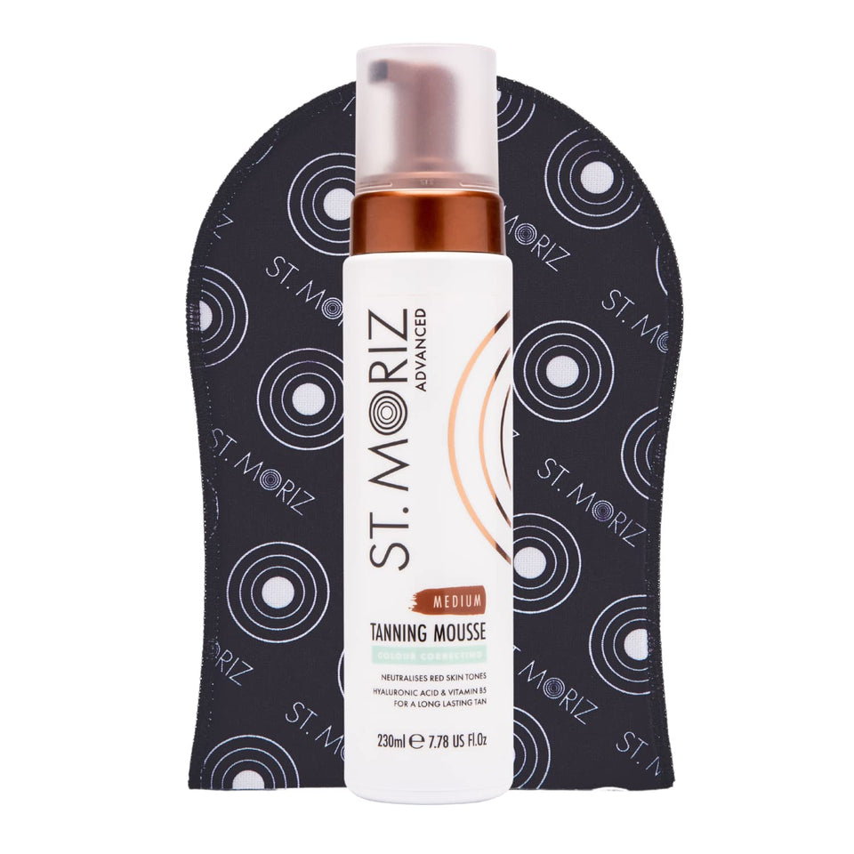 St. Moriz mousse front packaging showing product and mitt benefit