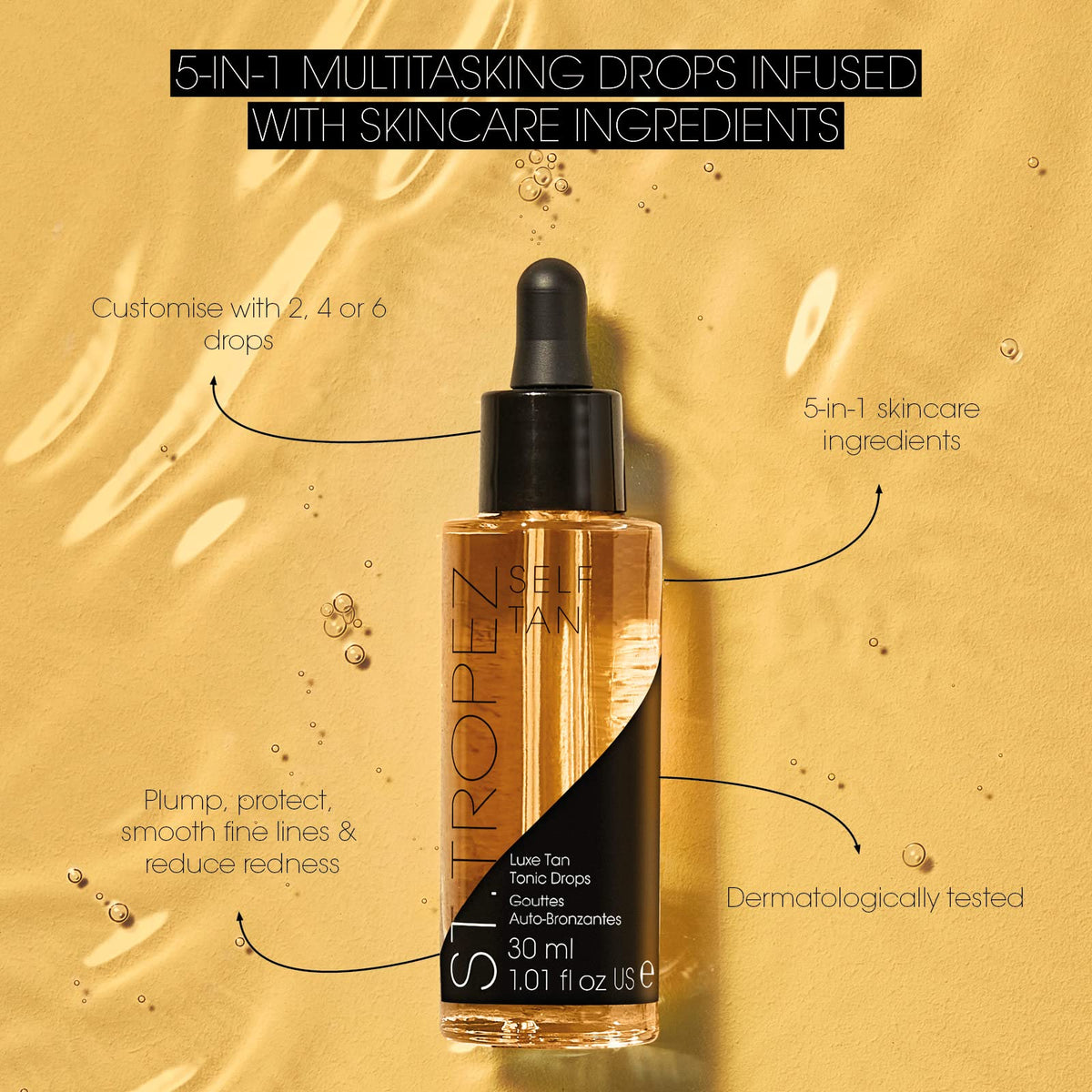 St.Tropez dropper texture close-up illustrating lightweight serum consistency and blendability
