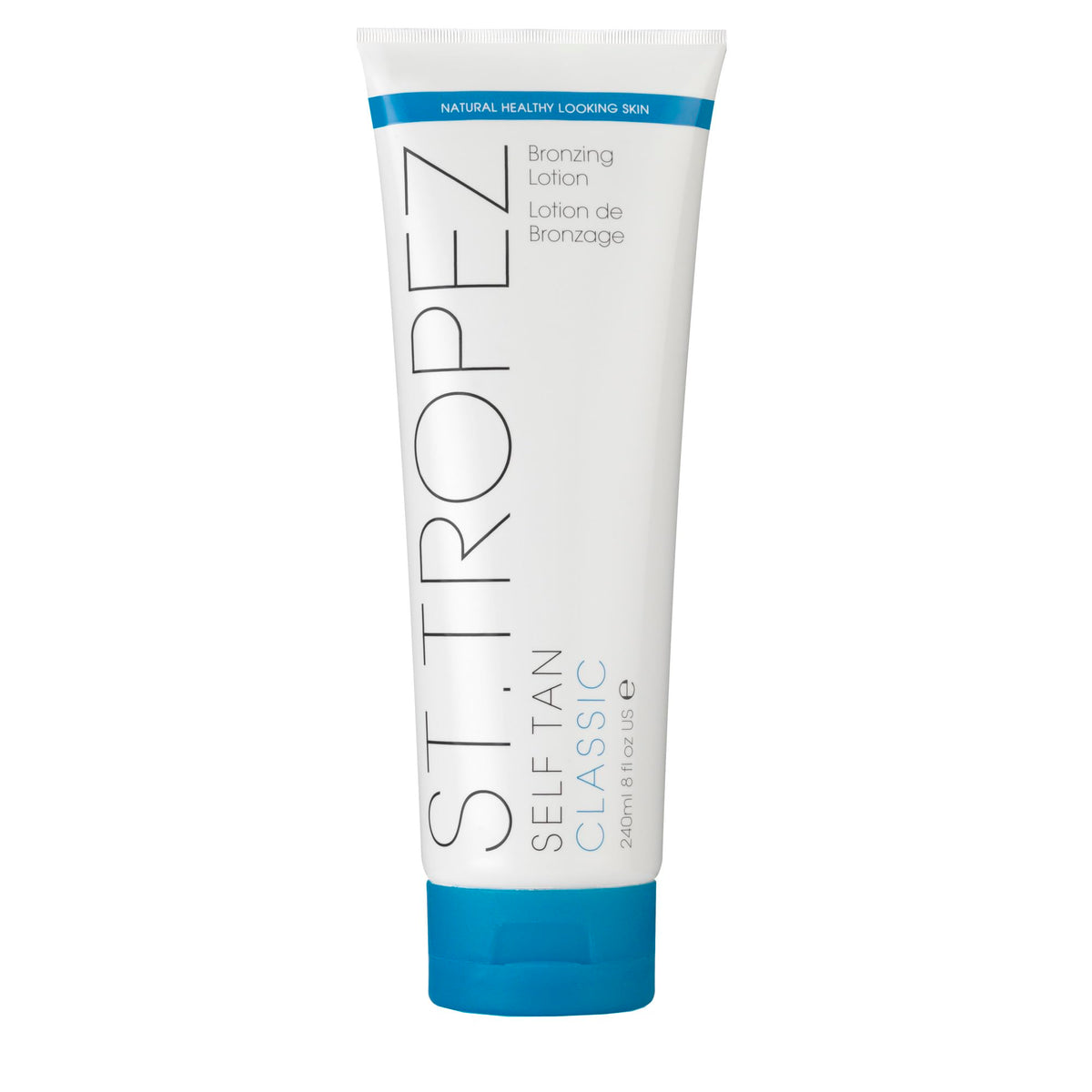St.Tropez bottle front view showing lightweight lotion and natural glow benefits