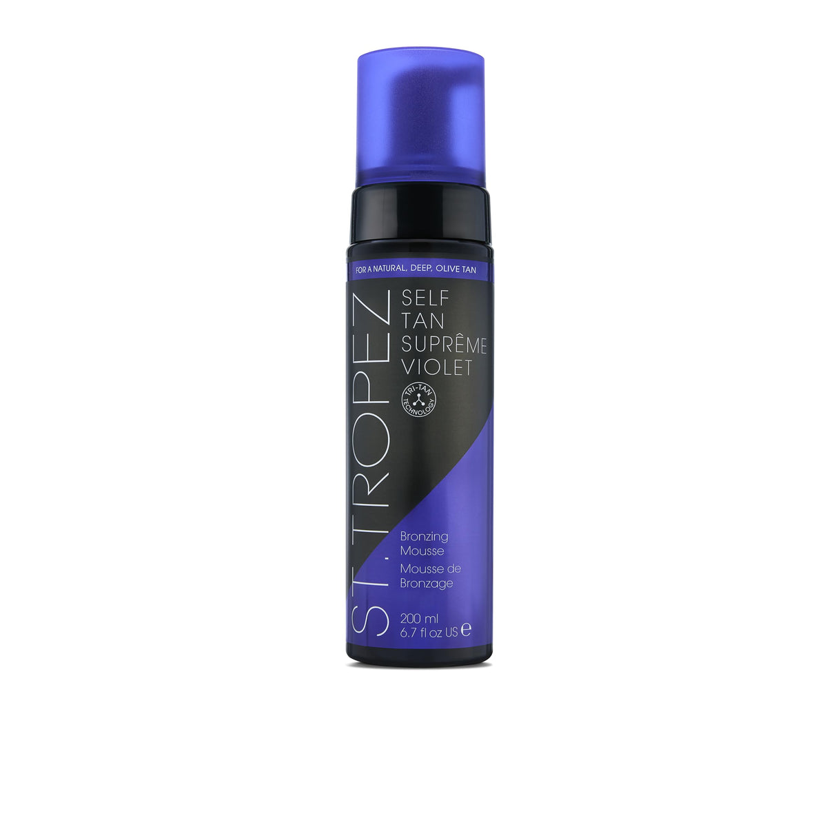 St.Tropez front packaging showing bottle and violet bronzing mousse for instant recognition and confidence