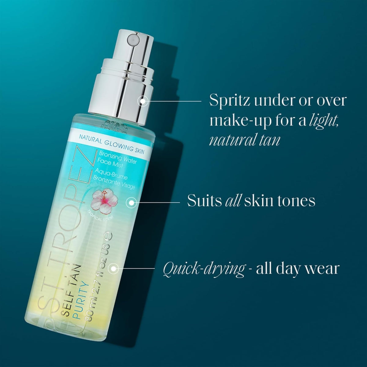 St.Tropez mist spray texture in air highlighting lightweight, even coverage