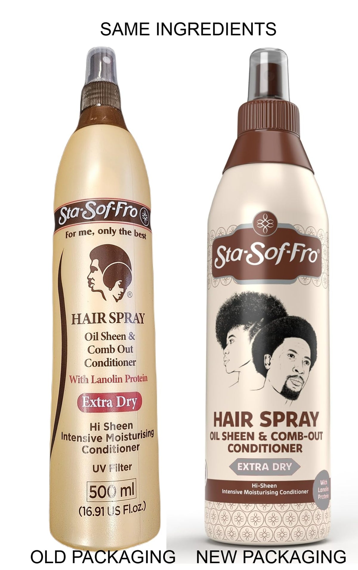 Sta-Sof-Fro spray in hand demonstrating easier combing and reduced breakage