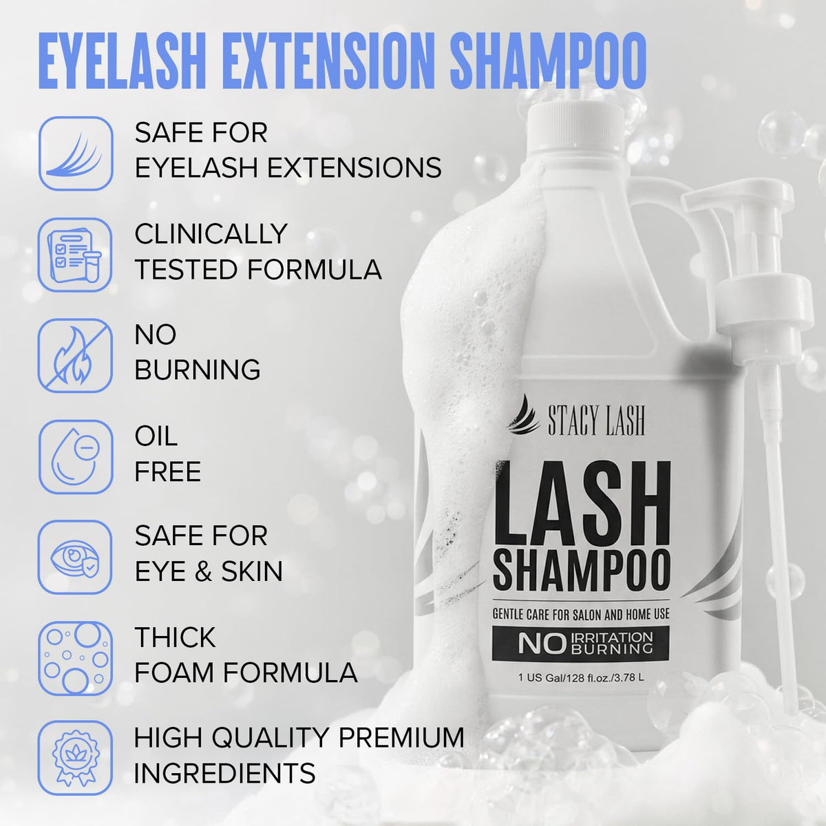 STACY LASH foam pump dispensing a controlled lather for hygienic use