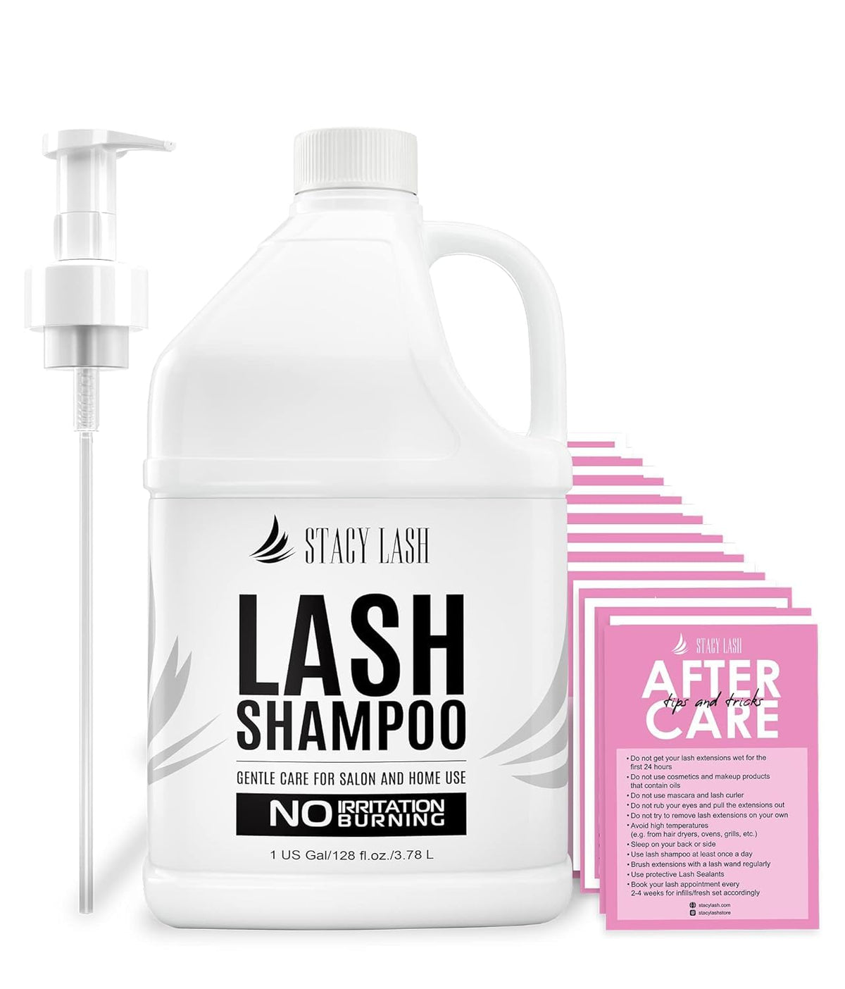 STACY LASH front label and pump showing product identity and professional sizing