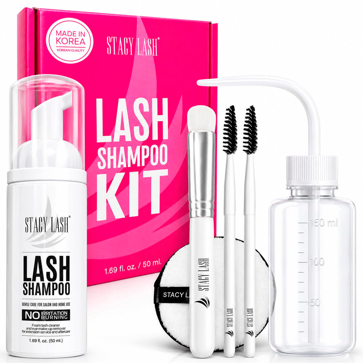 STACY LASH front packaging showing complete lash shampoo kit, promotes easy maintenance