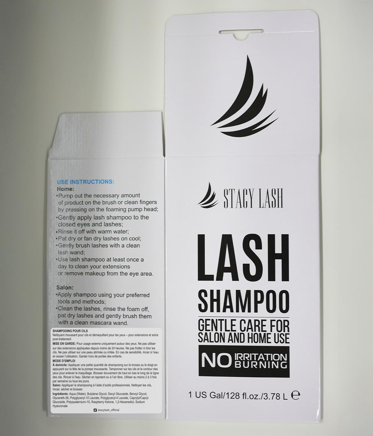 STACY LASH ingredient label close-up emphasizing gentle, free-from formulation