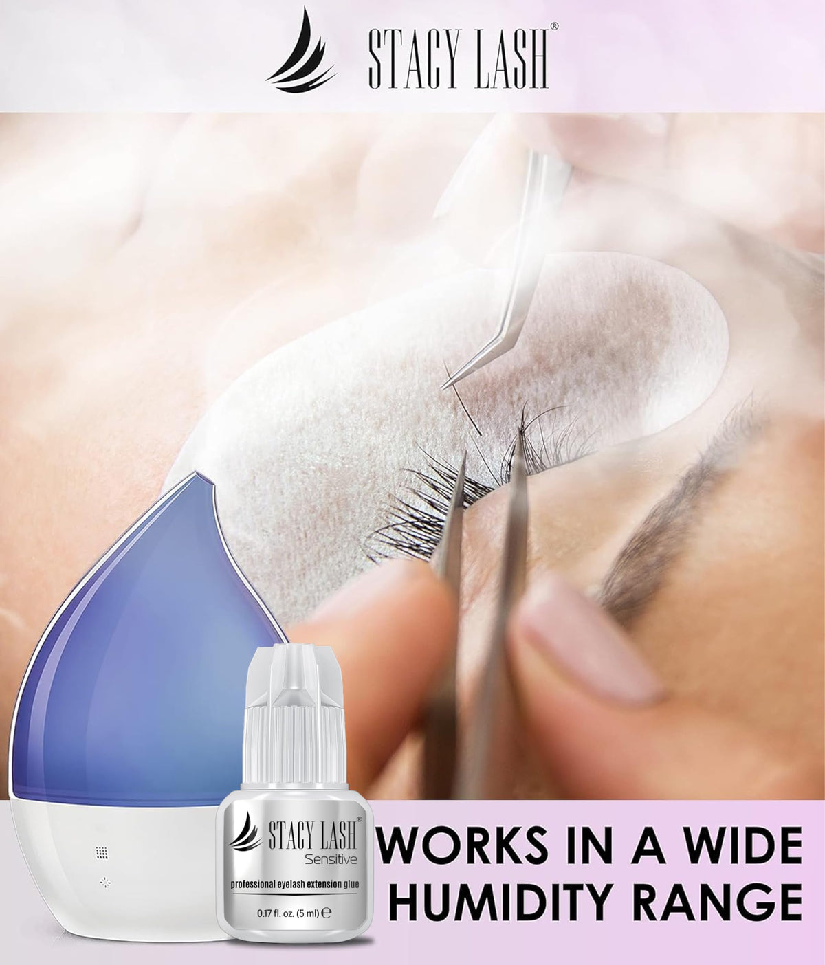 STACY LASH sealed packaging detail emphasizing freshness and humidity protection benefit