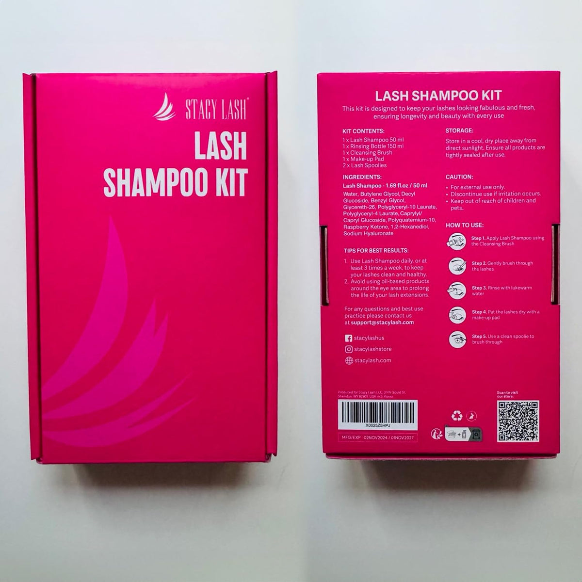 STACY LASH bottle beside credit card for clear 50ml size comparison and travel convenience
