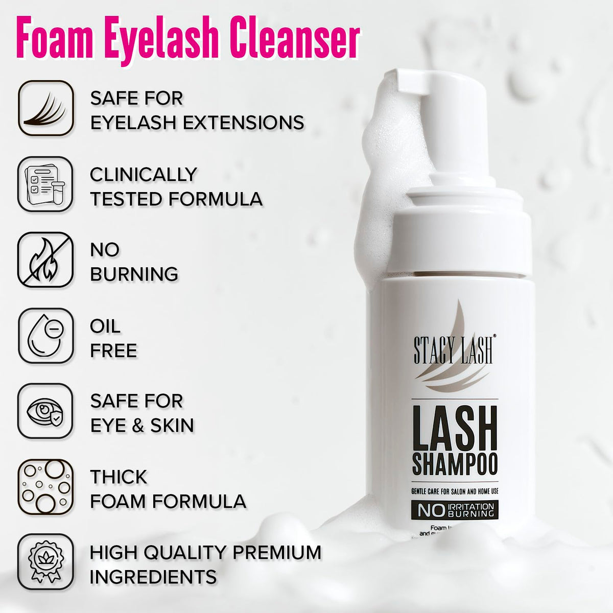 STACY LASH spoolies and small brush displayed for controlled lash combing and residue removal