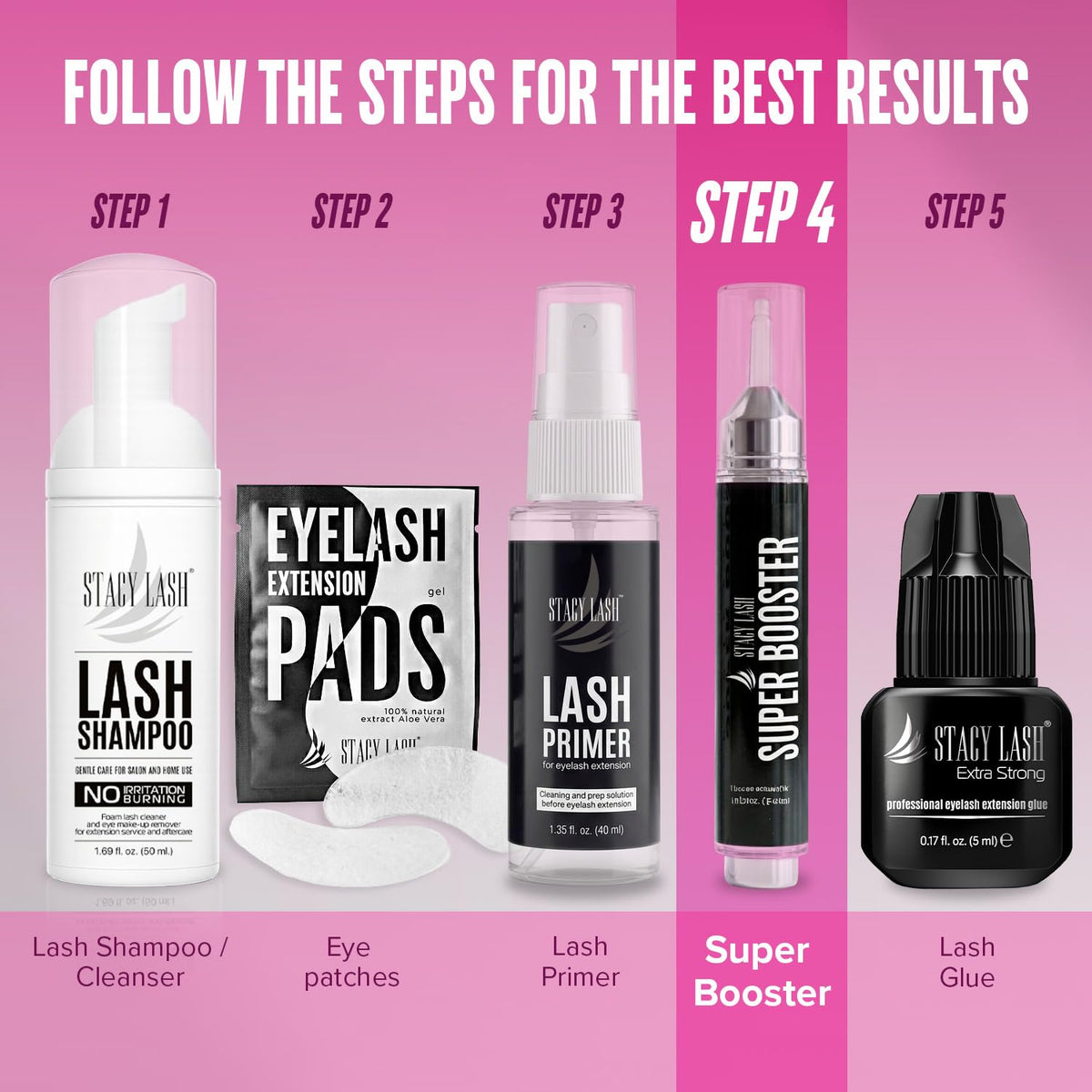 STACY LASH bottle beside ruler showing 15ml size and travel-friendly benefit