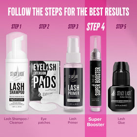STACY LASH bottle beside ruler showing 15ml size and travel-friendly benefit