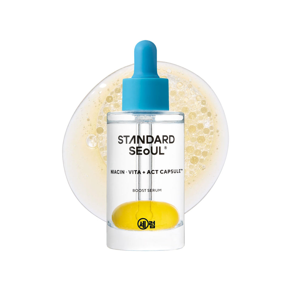 Standard Seoul front packaging of Brightening Bouncy Boost Serum showing bottle and label benefits