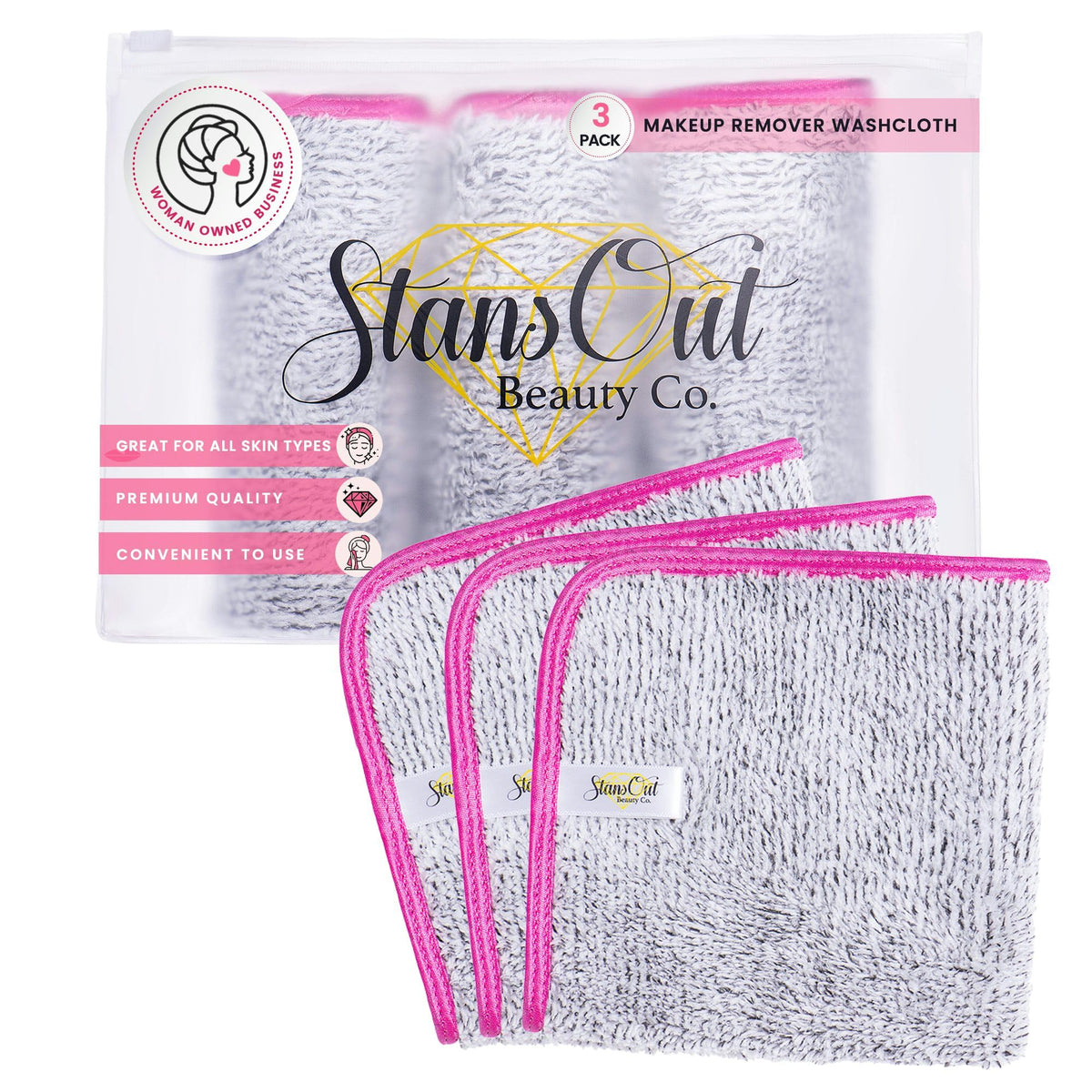 StansOut front pack of three gray towels showing compact packaging and eco benefit