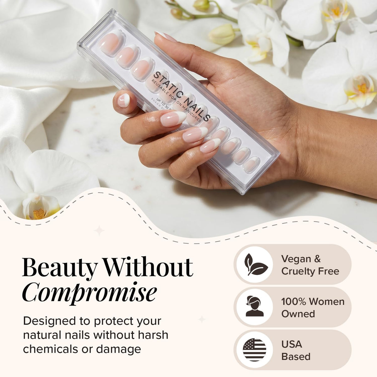 Static Nails lifestyle photo of daywear manicure demonstrating long-lasting, reusable beauty
