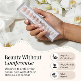 Static Nails lifestyle desk shot showing wearable nude manicure for everyday confidence