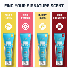 SteelFit lotion applied to legs in outdoor setting, promoting toned-looking skin