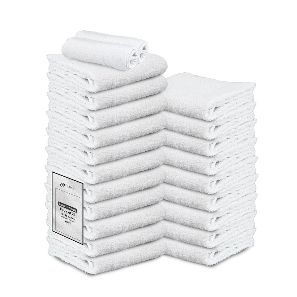 STF Linen front pack showing 24 white towels for fast restocking and uniform look