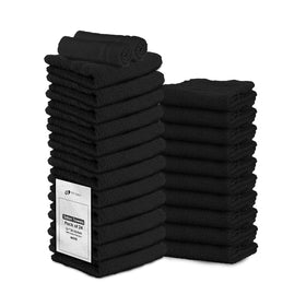 STF Linen stacked black towels front view showing neat bulk and immediate convenience