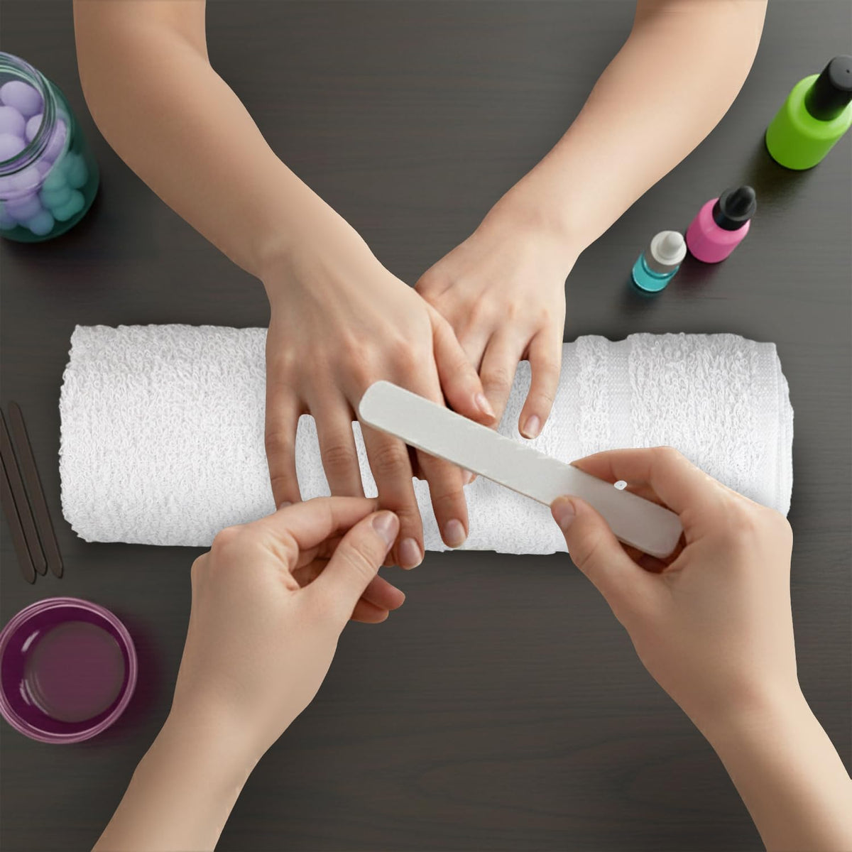 STF Linen towel used to dry hair showing quick moisture pickup after styling