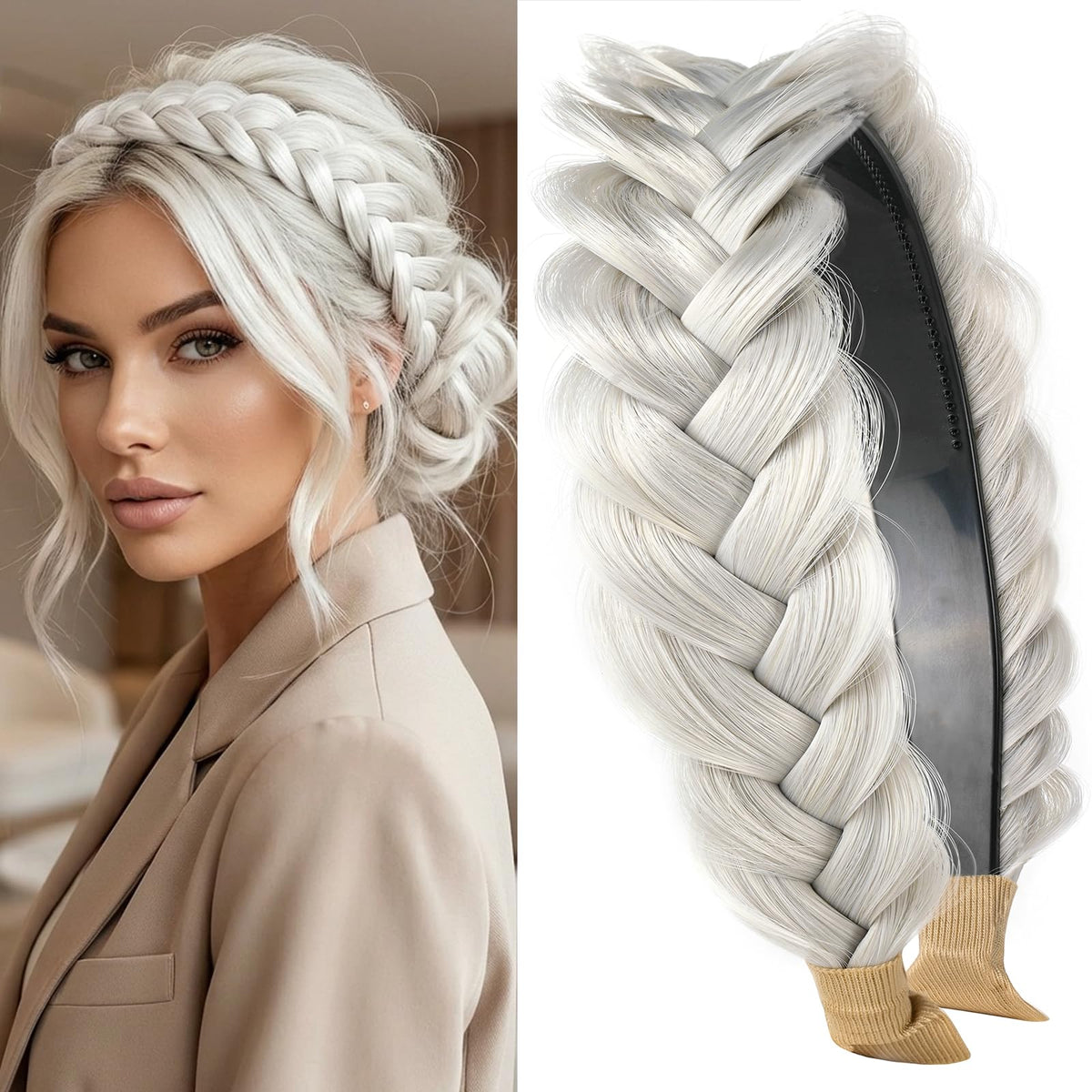 STHEJFB front packaging showing white grey braided headband and styling benefit