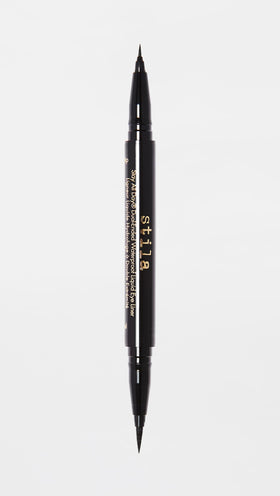 stila liner beside a ruler showing pen size and cap fit for travel-friendly convenience