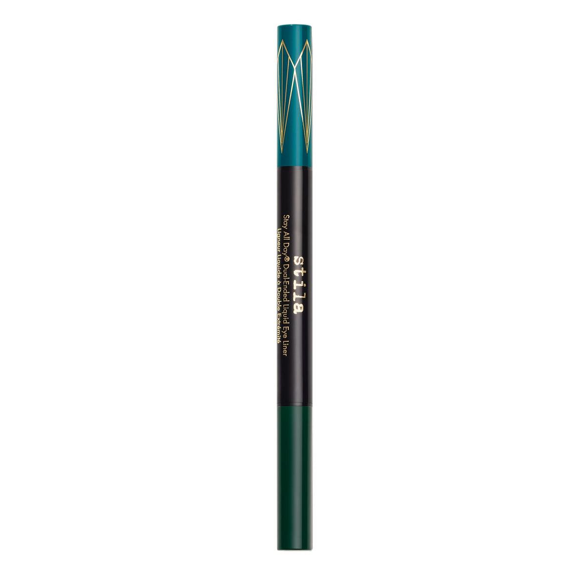 stila dual-ended pen front view showing both caps and satin finish benefits