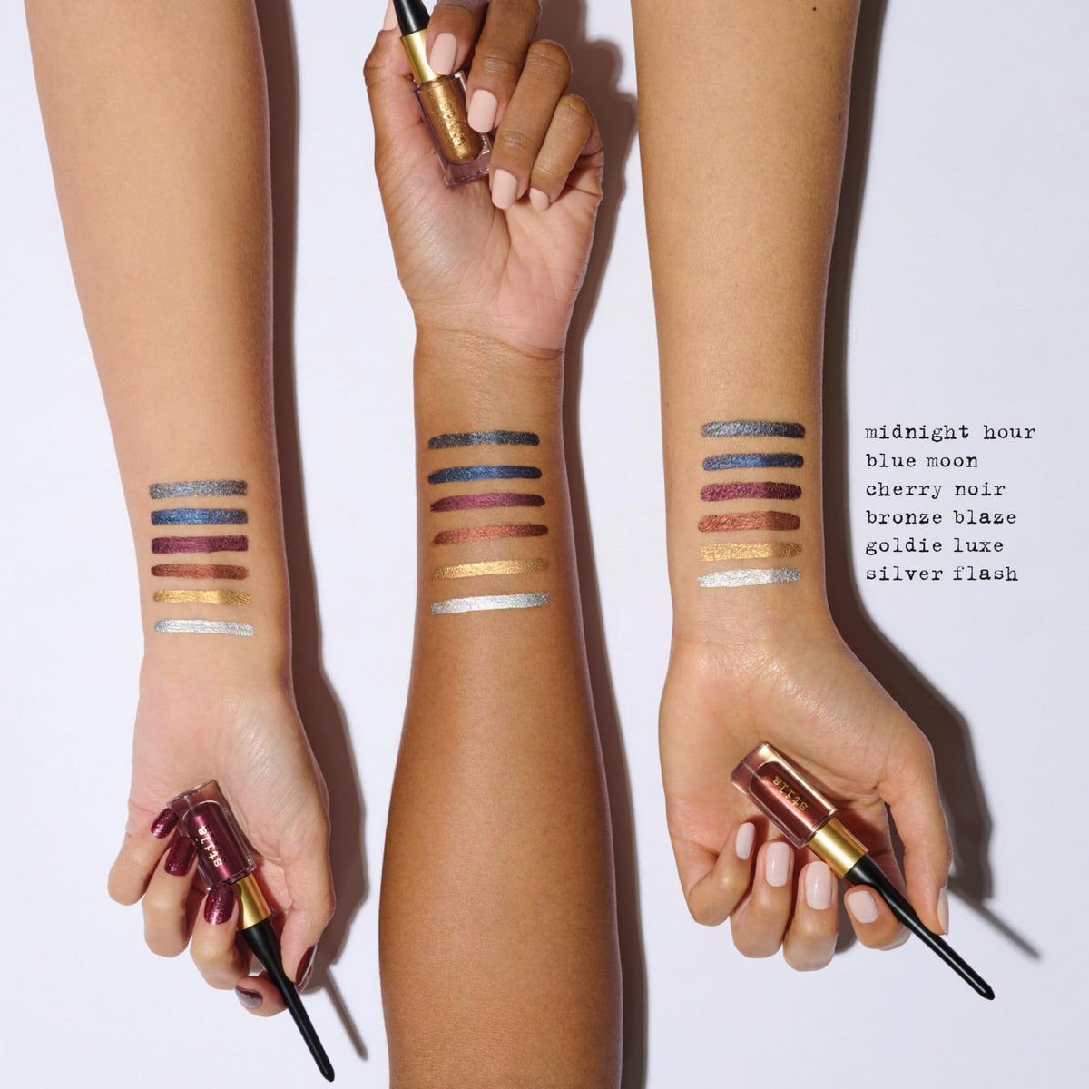 stila swatches on forearm displaying finish variety and intense color