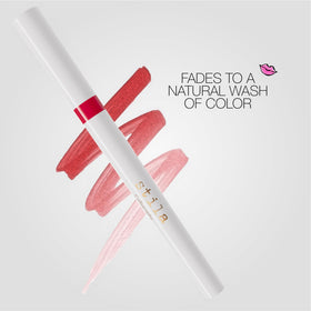 stila Calligraphy Lip Stain packaging label detail communicates shade, wear time, and vegan formula