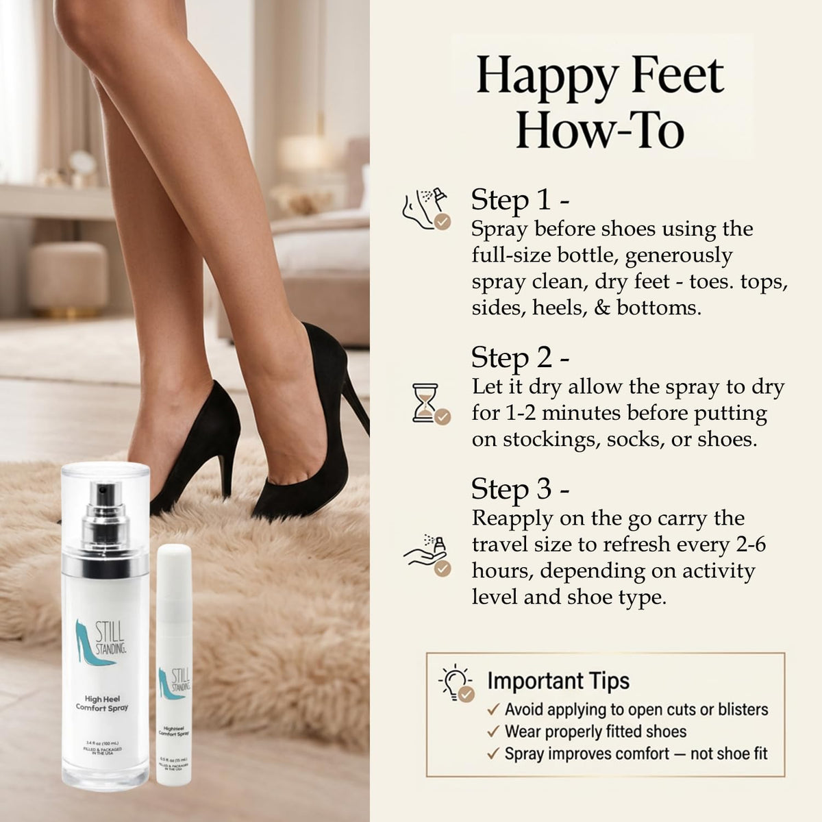 Still Standing menthol spray being applied to foot for cooling relief and friction reduction