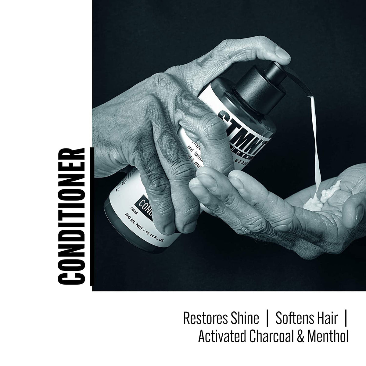 STMNT conditioner close-up label displaying charcoal and menthol ingredients benefit
