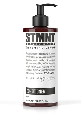STMNT conditioner front bottle showing clean design and product size benefit