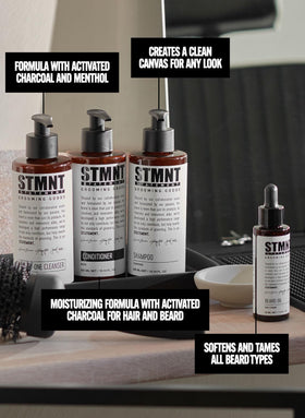 STMNT bottle on bathroom shelf in styled setting for grooming routine inspiration