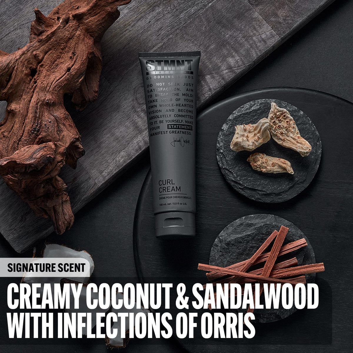 STMNT applying cream into curly hair for defined texture and frizz control benefit