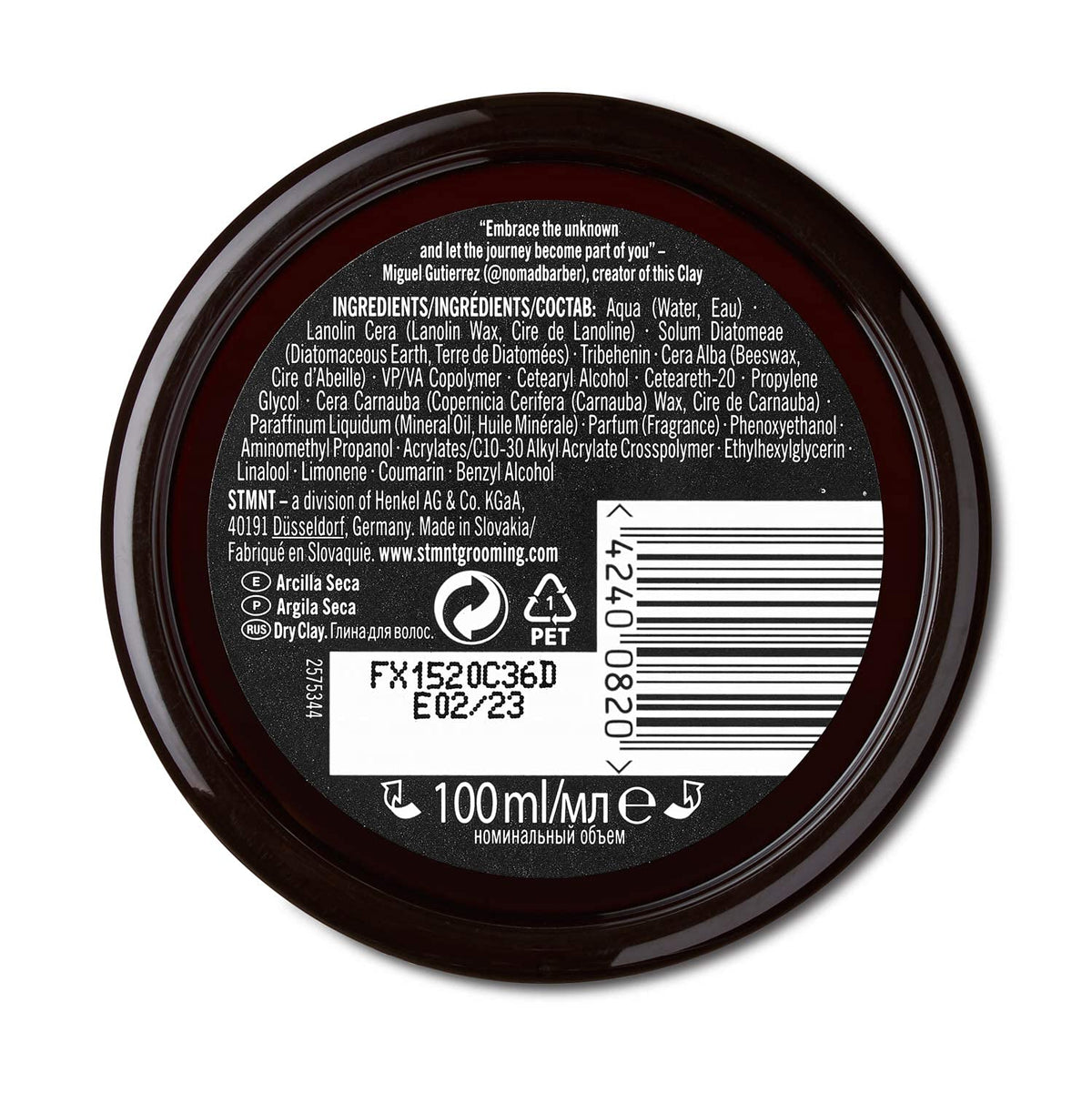 STMNT dry clay packaging label detail showing scent notes and ingredient cues