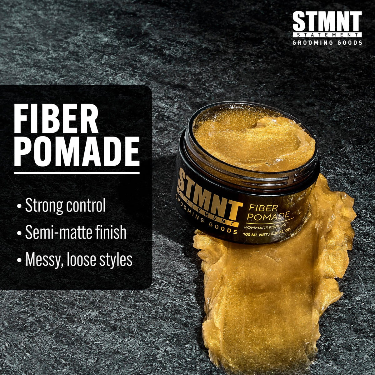 STMNT pomade on fingertips showing ease of application and quick styling