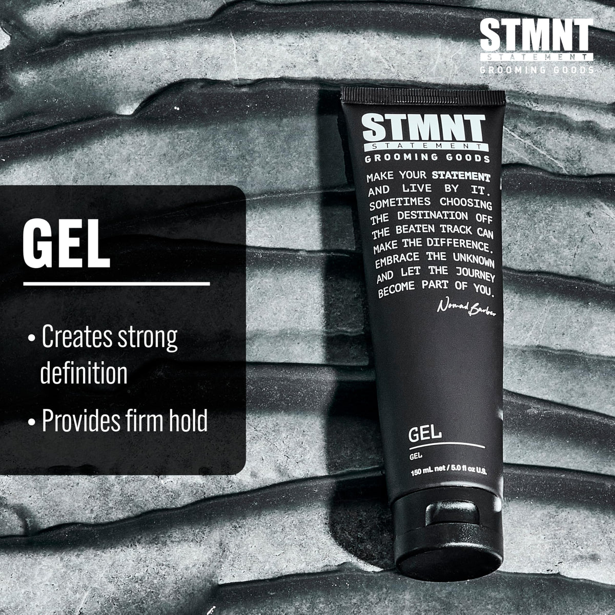 STMNT gel texture close-up highlighting semi-matte feel and easy spread