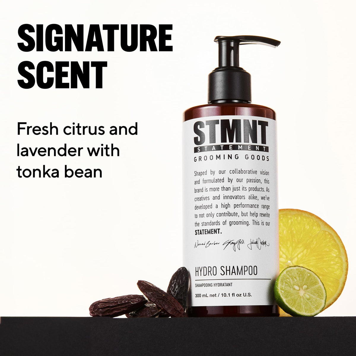 STMNT Hydro Shampoo on shelf in bathroom styling routine scene