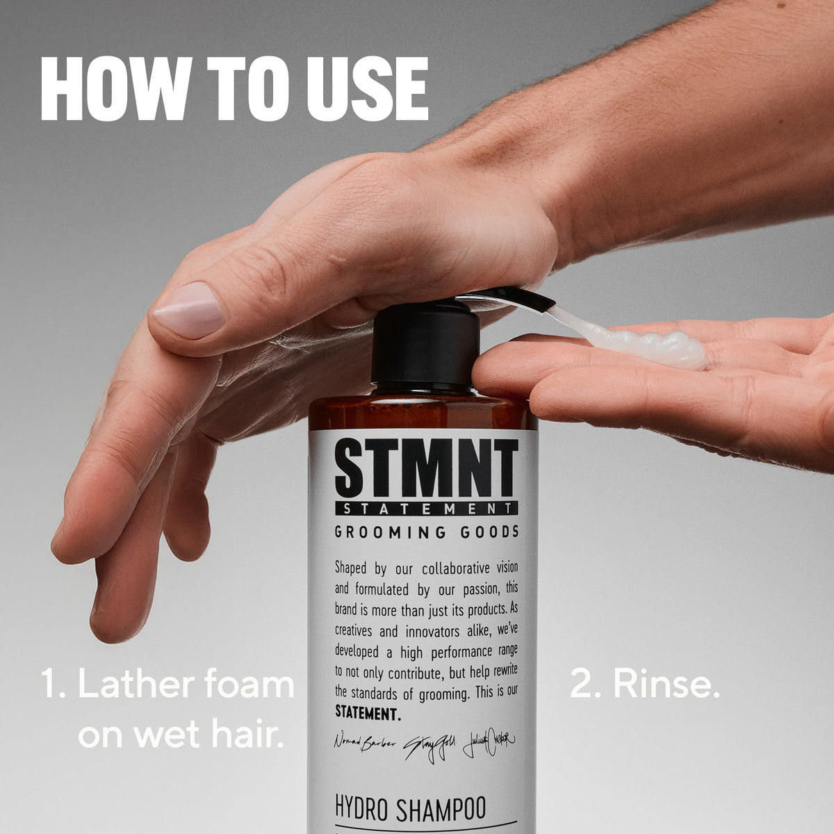 STMNT Hydro Shampoo bottle in hand illustrating 300 ml scale