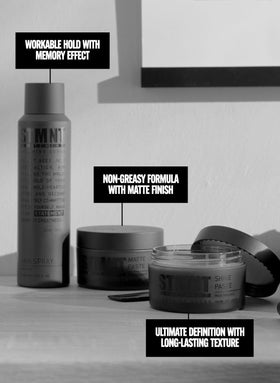 STMNT matte paste on bathroom vanity in lifestyle shot inspires daily grooming