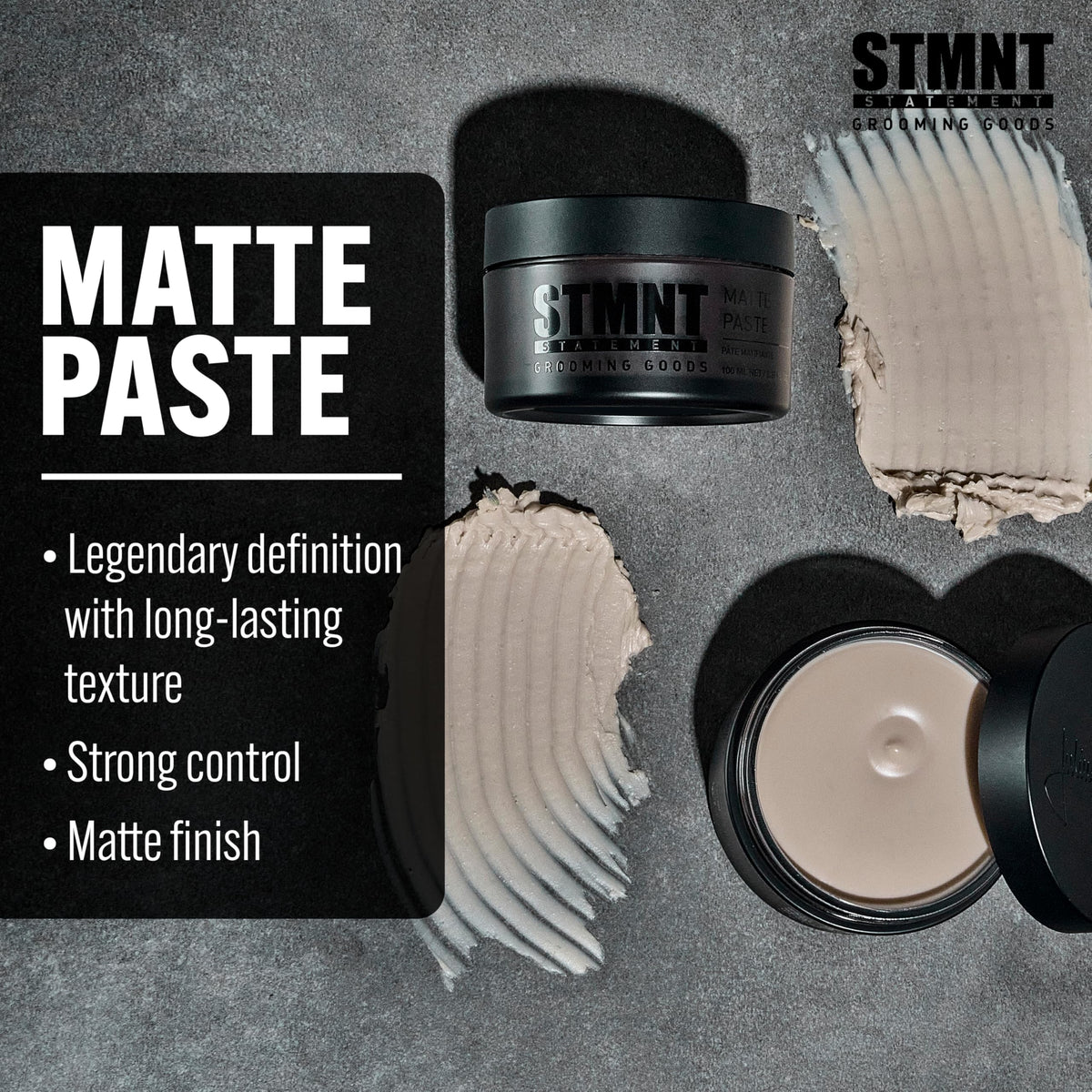 STMNT matte paste texture close-up revealing dry clay finish benefit