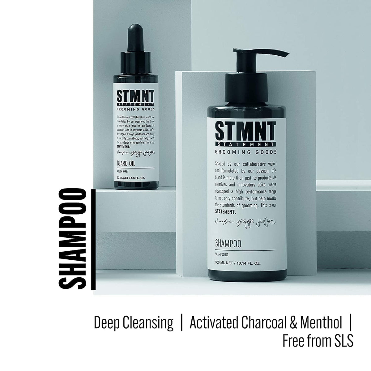 STMNT back label with directions and ingredients, aids informed use