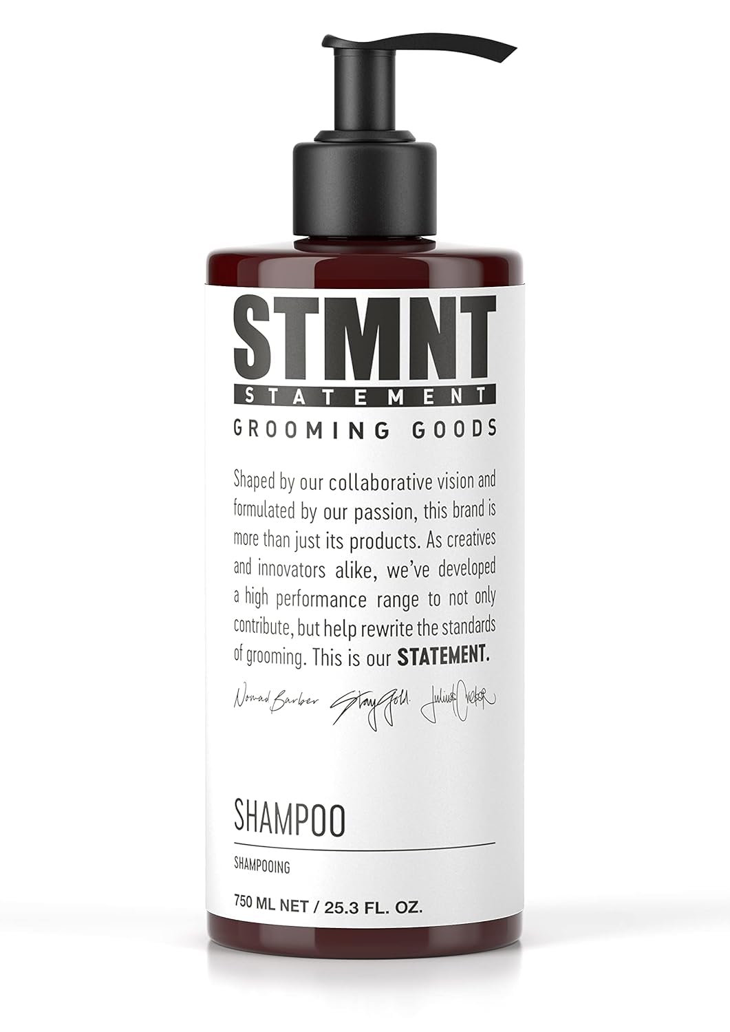 STMNT front bottle showing label and 25.3 oz size, conveys clean branding