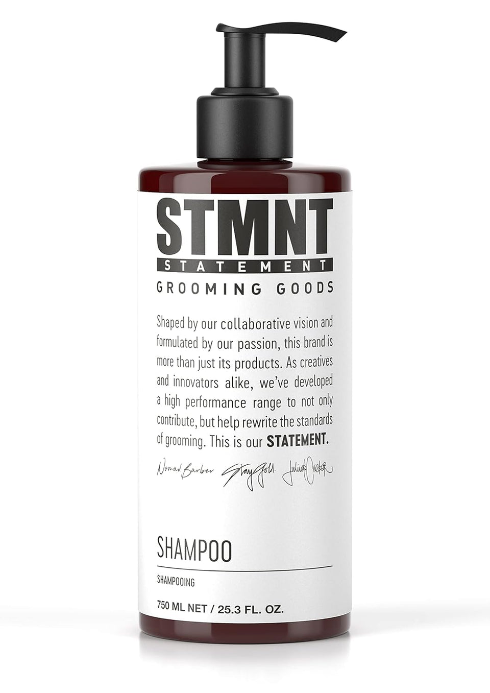 STMNT front bottle showing label and 25.3 oz size, conveys clean branding