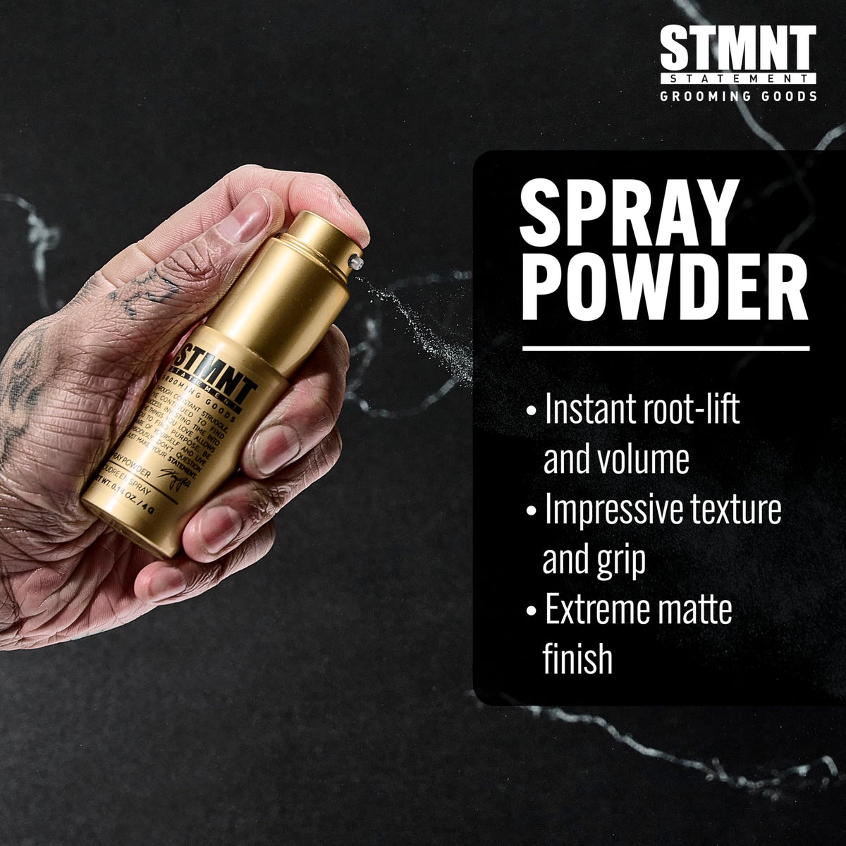 STMNT spray powder in hair close-up showing added texture and fuller feel