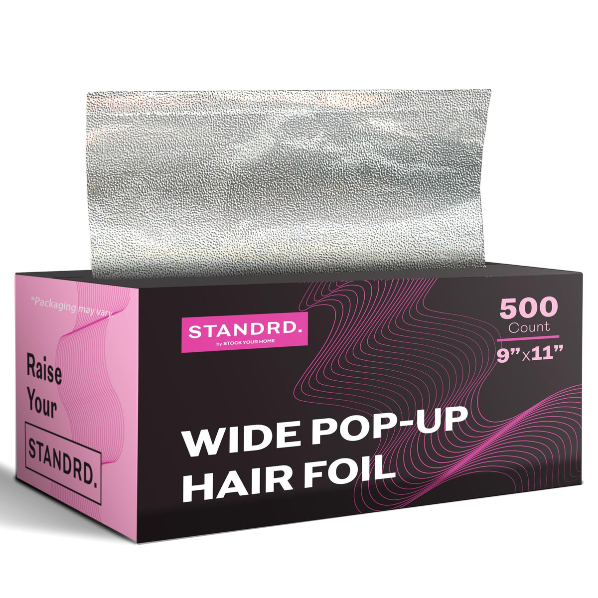 Stock Your Home box front view showing 500-count foil supply and clear labeling benefit